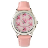 Exotic Pink Watercolor Flamingo Pattern &amp; Name Watch