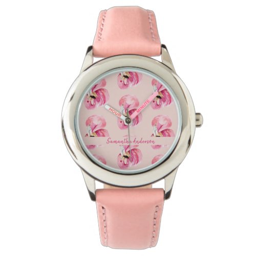 Exotic Pink Watercolor Flamingo Pattern &amp; Name Watch