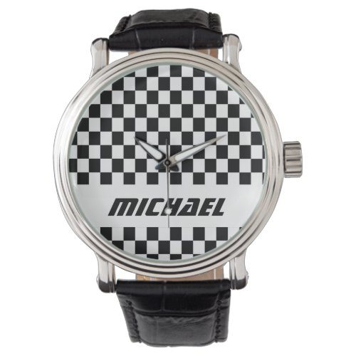 Cool Name Black and White Checkered Racing Watch