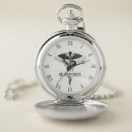 Elegant Black White Medical Classy Caduceus Name Pocket Watch