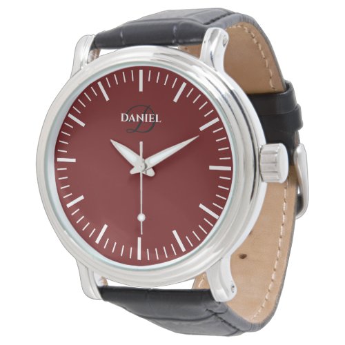 Red dial men's watch with black leather band