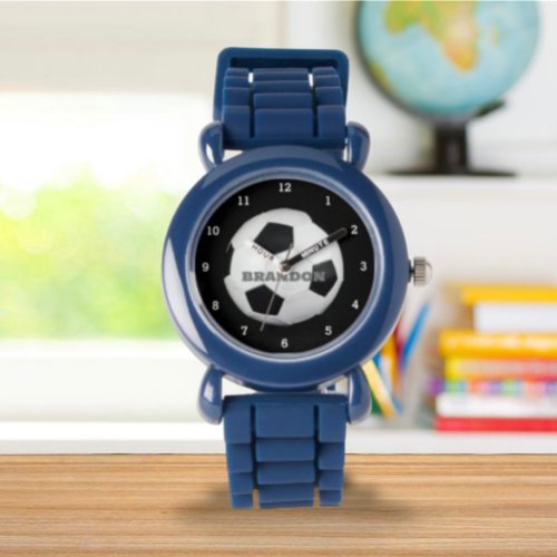 Boys Soccer Ball Black Stylish Custom Name Kids Watch